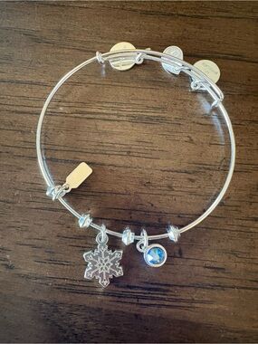Alex and Ani Silver Snowflake Charm Bangle Bracelet with Blue Crystal